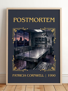 Postmortem Classic Book Art Print by Patricia Cornwell – framed print leaning on a wooden floor