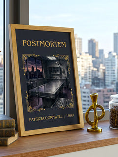 Postmortem Classic Book Art Print by Patricia Cornwell – framed print on a city-view windowsill