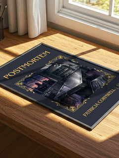 Postmortem Classic Book Art Print by Patricia Cornwell – print on a sunlit desk
