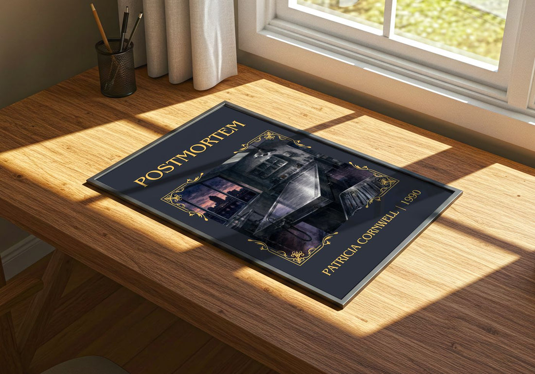 Postmortem Classic Book Art Print by Patricia Cornwell – print on a sunlit desk