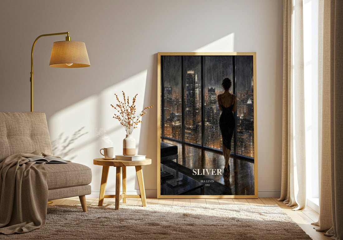 Sliver watercolour print in frame leaning in hallway – thriller wall art (mockup)