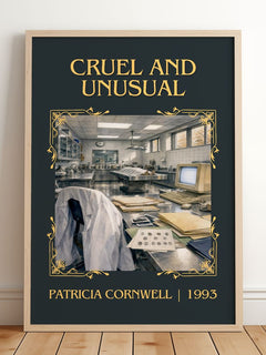 Cruel and Unusual Classic Book Art Print by Patricia Cornwell – framed print leaning on a wooden floor