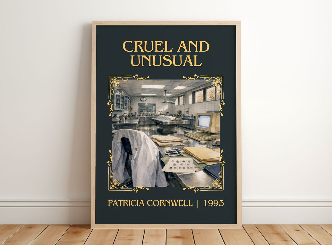 Cruel and Unusual Classic Book Art Print by Patricia Cornwell – framed print leaning on a wooden floor