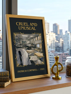 Cruel and Unusual Classic Book Art Print by Patricia Cornwell – framed print on a city-view windowsill