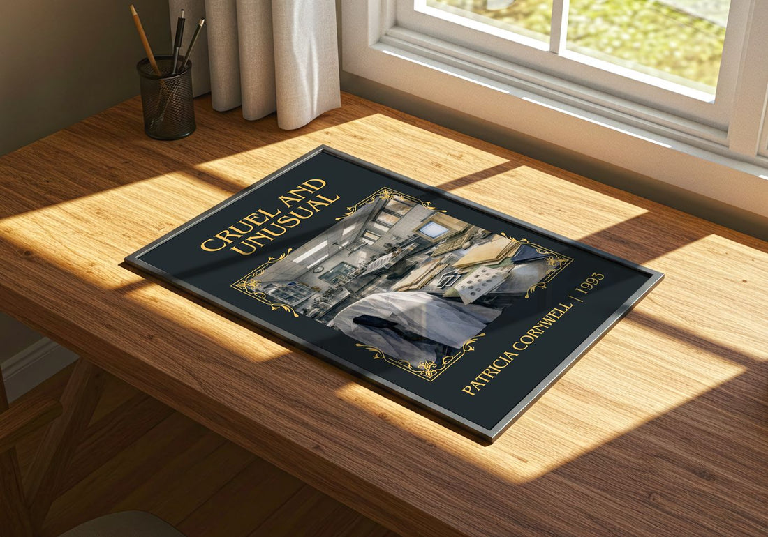 Cruel and Unusual Classic Book Art Print by Patricia Cornwell – print on a sunlit desk