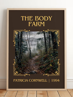 The Body Farm Classic Book Art Print by Patricia Cornwell – framed print leaning on a wooden floor