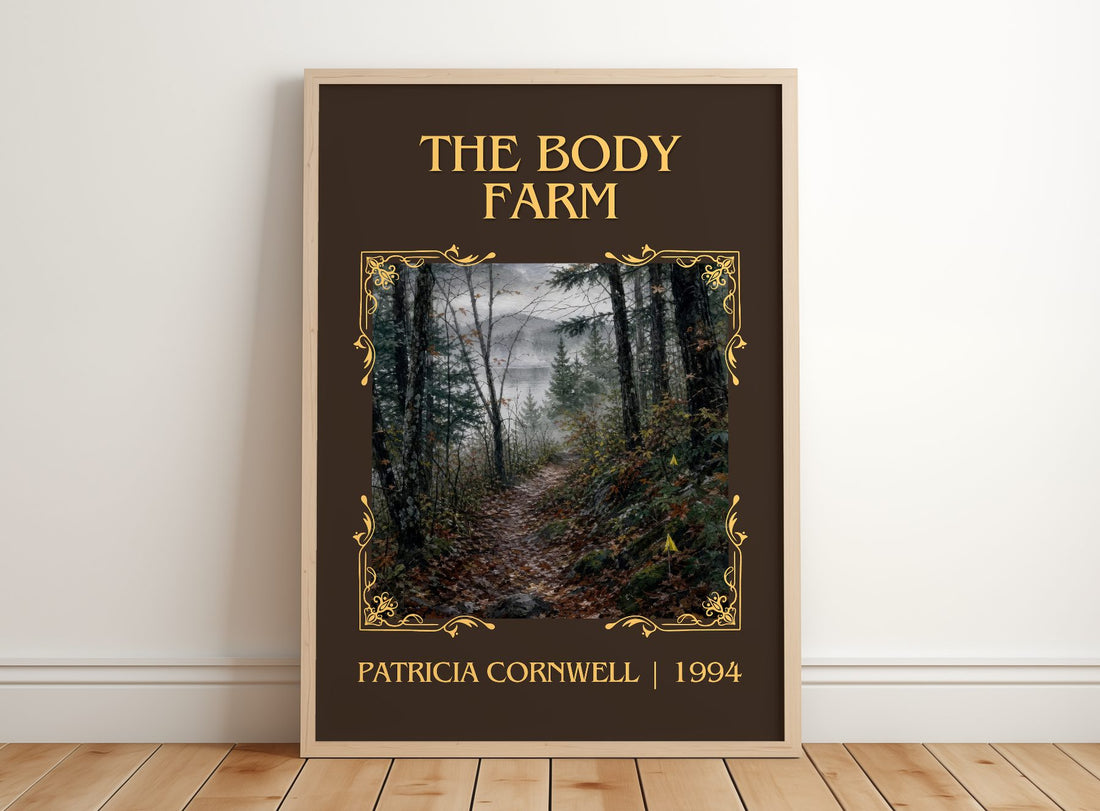 The Body Farm Classic Book Art Print by Patricia Cornwell – framed print leaning on a wooden floor