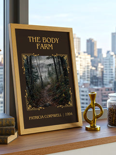 The Body Farm Classic Book Art Print by Patricia Cornwell – framed print on a city-view windowsill