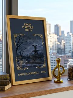 From Potter's Field Classic Book Art Print by Patricia Cornwell – framed print on a city-view windowsill
