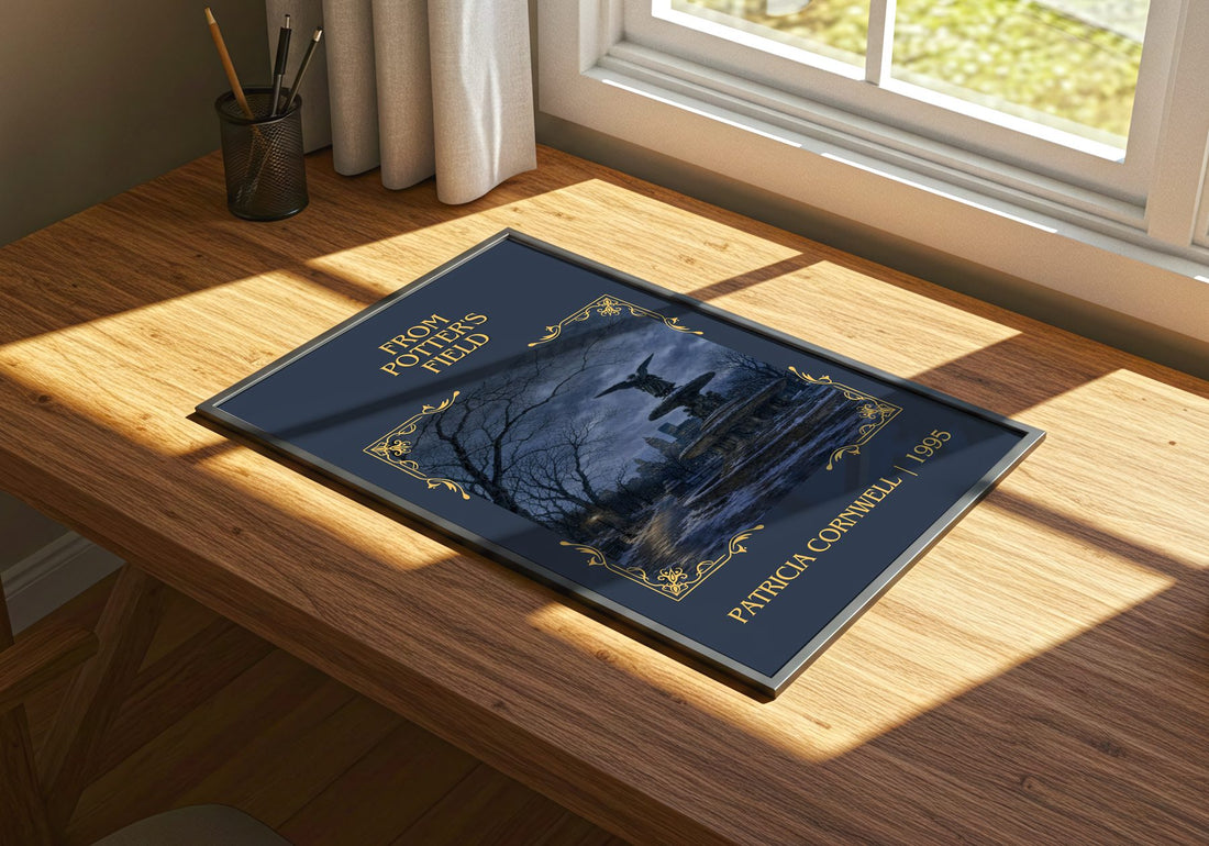 From Potter's Field Classic Book Art Print by Patricia Cornwell – print on a sunlit desk