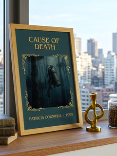 Cause of Death Classic Book Art Print by Patricia Cornwell – framed print on a city-view windowsill