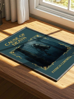 Cause of Death Classic Book Art Print by Patricia Cornwell – print on a sunlit desk