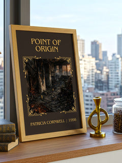 Point of Origin Classic Book Art Print by Patricia Cornwell – framed print on a city-view windowsill
