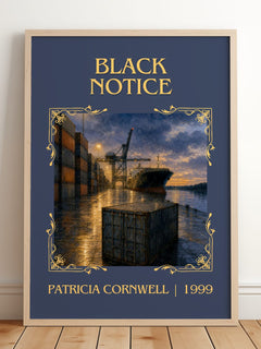 Black Notice Classic Book Art Print by Patricia Cornwell – framed print leaning on a wooden floor