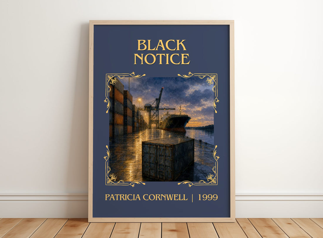 Black Notice Classic Book Art Print by Patricia Cornwell – framed print leaning on a wooden floor