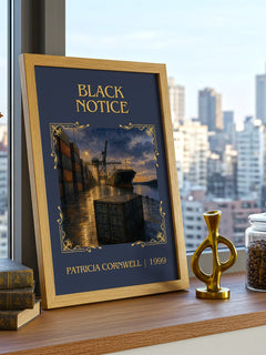 Black Notice Classic Book Art Print by Patricia Cornwell – framed print on a city-view windowsill