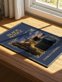 Black Notice Classic Book Art Print by Patricia Cornwell – print on a sunlit desk