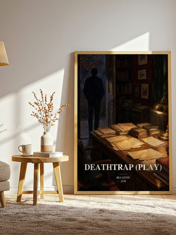 Deathtrap (Play) watercolour print in frame leaning in hallway – thriller wall art