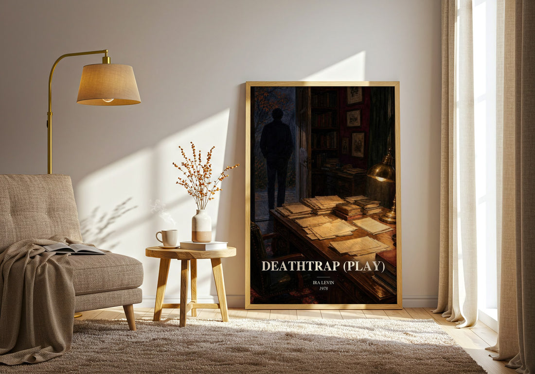 Deathtrap (Play) watercolour print in frame leaning in hallway – thriller wall art (mockup)
