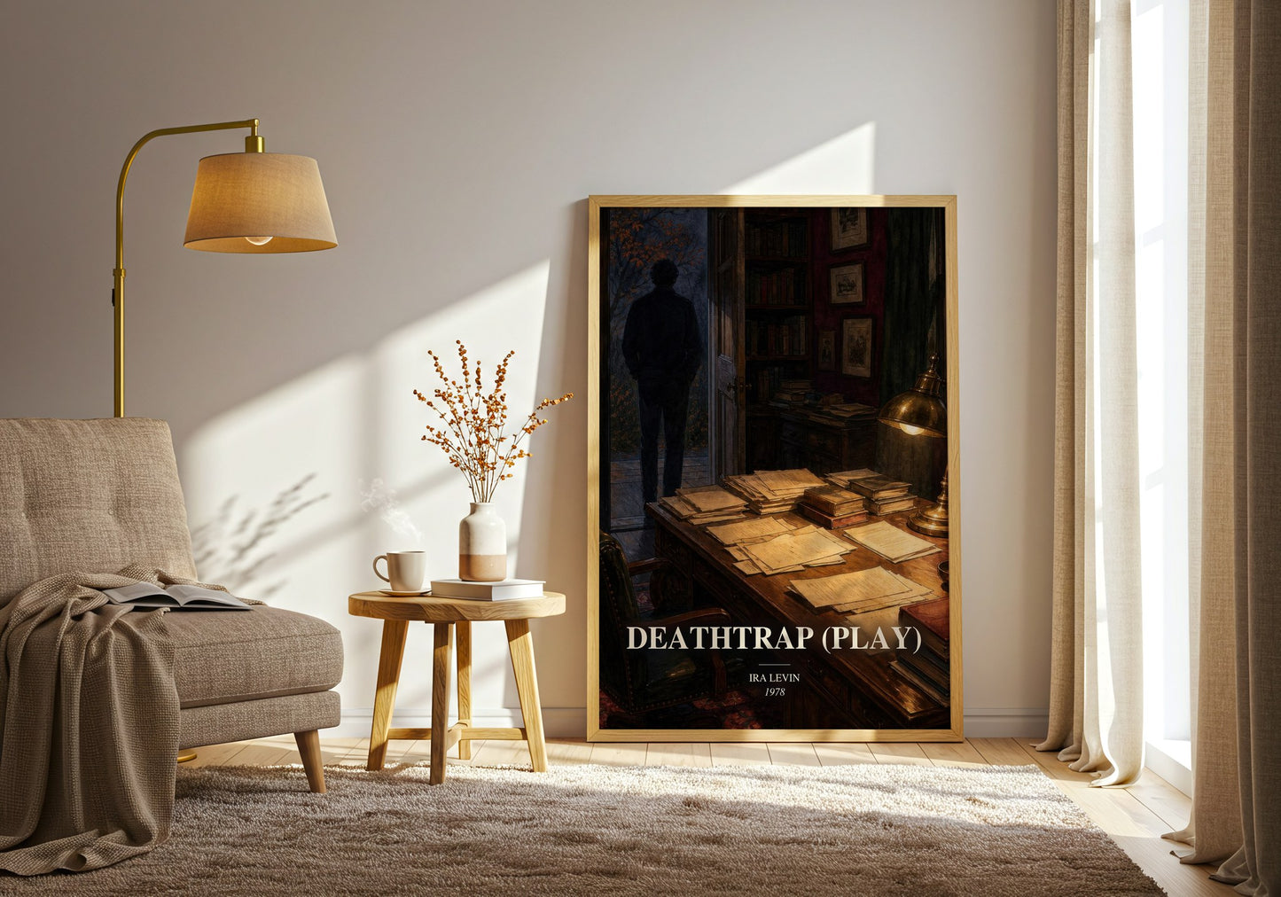 Deathtrap (Play) watercolour print in frame leaning in hallway – thriller wall art