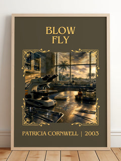 Blow Fly Classic Book Art Print by Patricia Cornwell – framed print leaning on a wooden floor