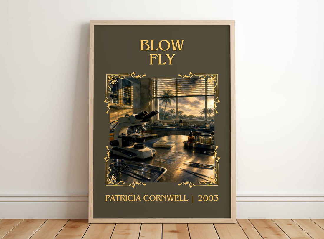 Blow Fly Classic Book Art Print by Patricia Cornwell – framed print leaning on a wooden floor
