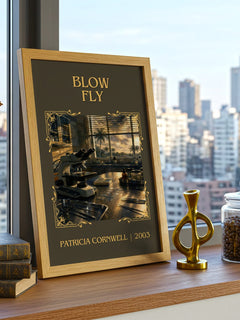 Blow Fly Classic Book Art Print by Patricia Cornwell – framed print on a city-view windowsill