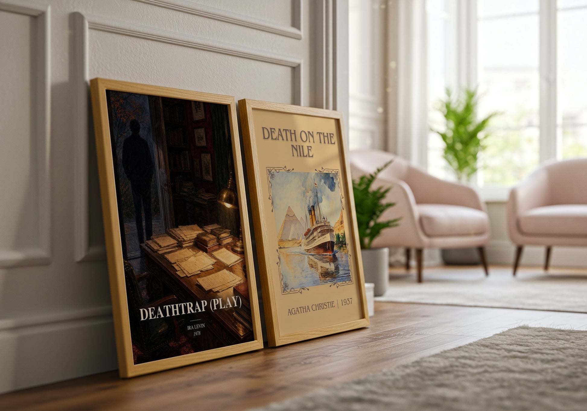 Deathtrap (Play) watercolour print framed by window – literary home decor