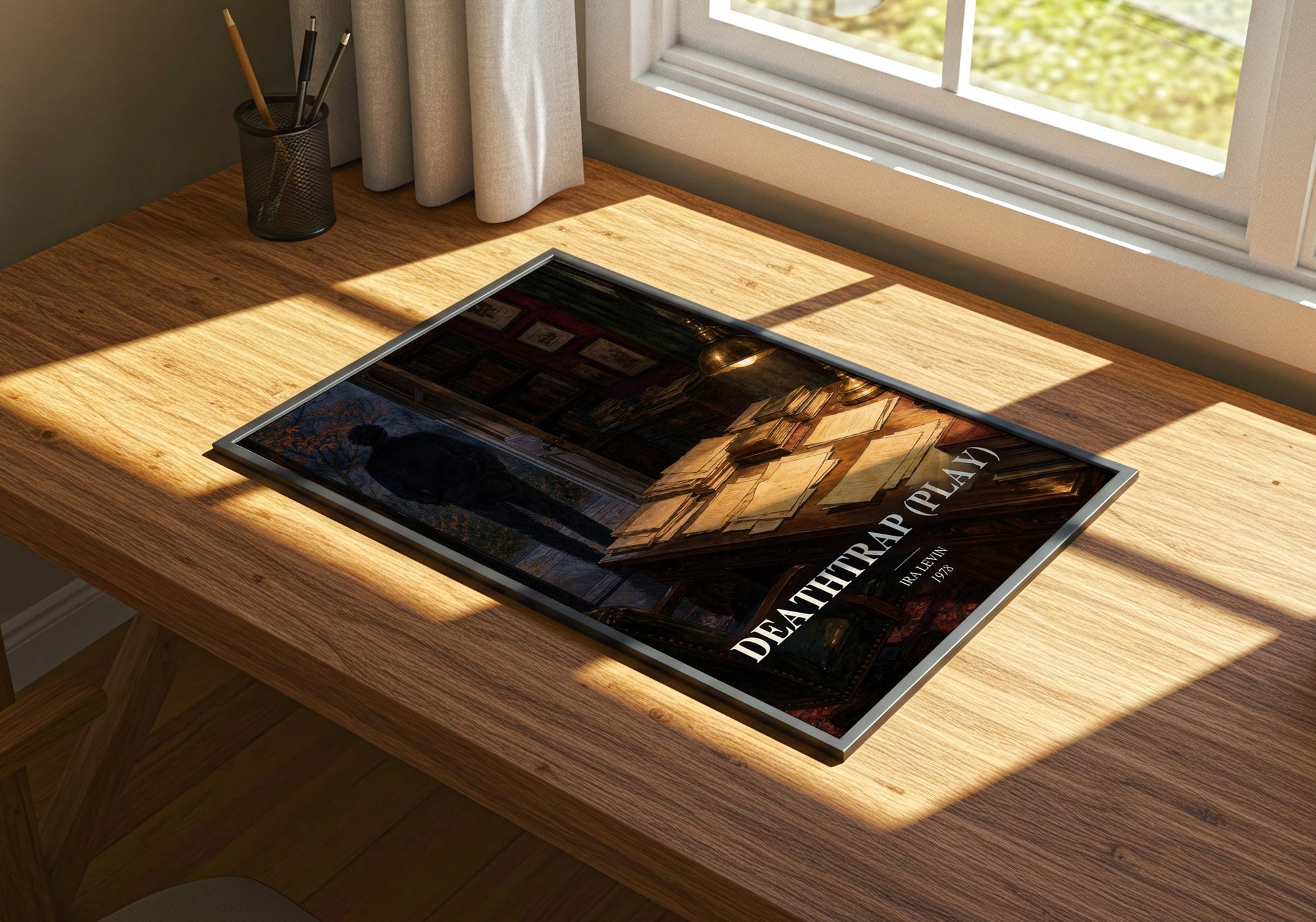 Deathtrap (Play) watercolour book poster framed on wall – thriller wall art