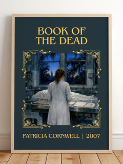 Book of the Dead Classic Book Art Print by Patricia Cornwell – framed print leaning on a wooden floor