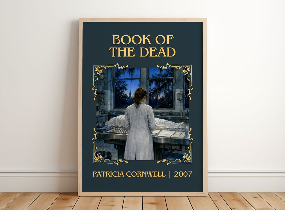 Book of the Dead Classic Book Art Print by Patricia Cornwell – framed print leaning on a wooden floor