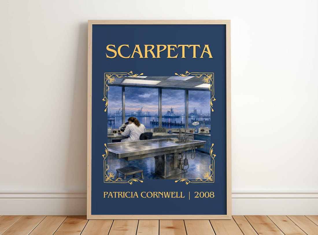 Scarpetta Classic Book Art Print by Patricia Cornwell – framed print leaning on a wooden floor