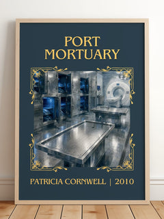Port Mortuary Classic Book Art Print by Patricia Cornwell – framed print leaning on a wooden floor