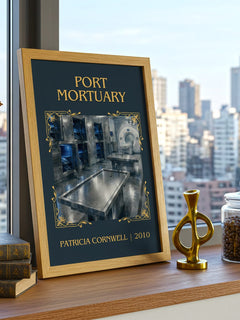 Port Mortuary Classic Book Art Print by Patricia Cornwell – framed print on a city-view windowsill