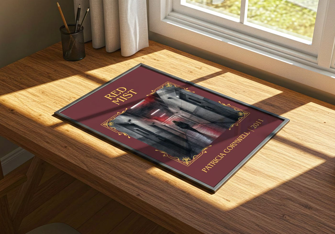 Red Mist Classic Book Art Print by Patricia Cornwell – print on a sunlit desk
