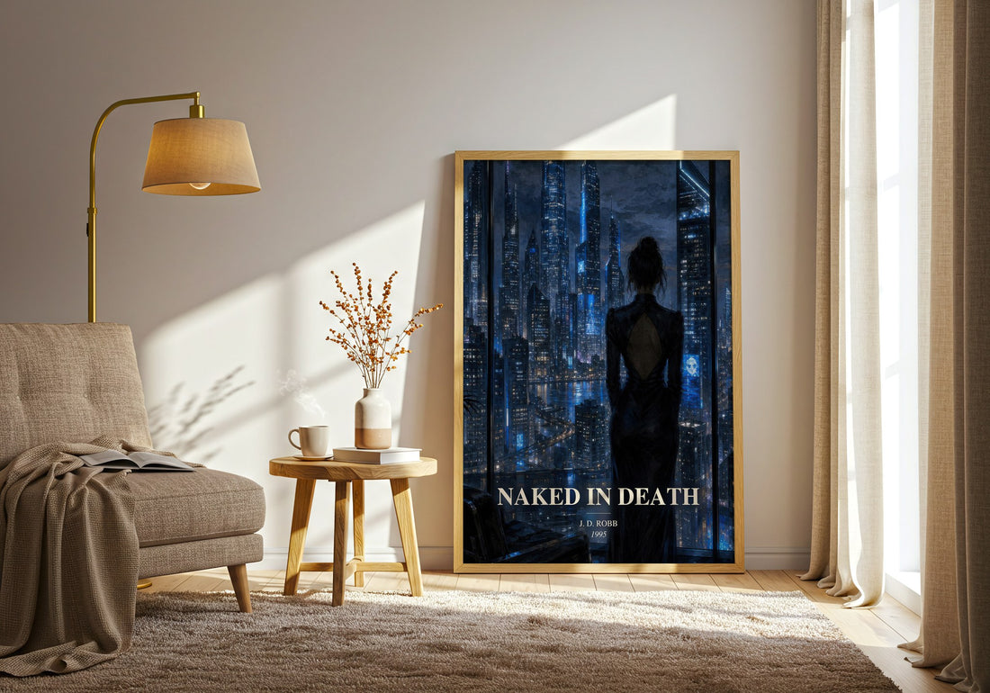 Naked In Death watercolour print in frame leaning in hallway – mystery wall art (mockup)