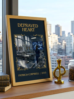 Depraved Heart Classic Book Art Print by Patricia Cornwell – framed print on a city-view windowsill