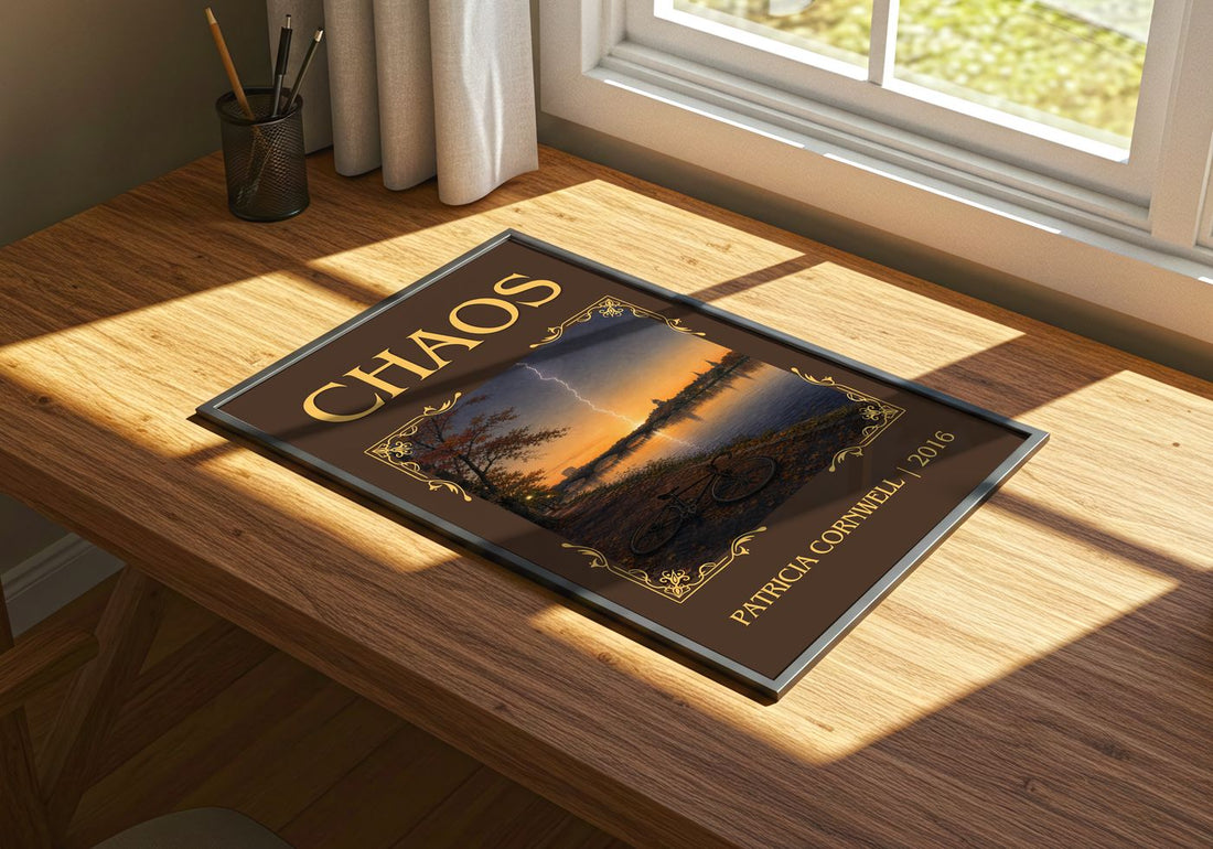 Chaos Classic Book Art Print by Patricia Cornwell – print on a sunlit desk
