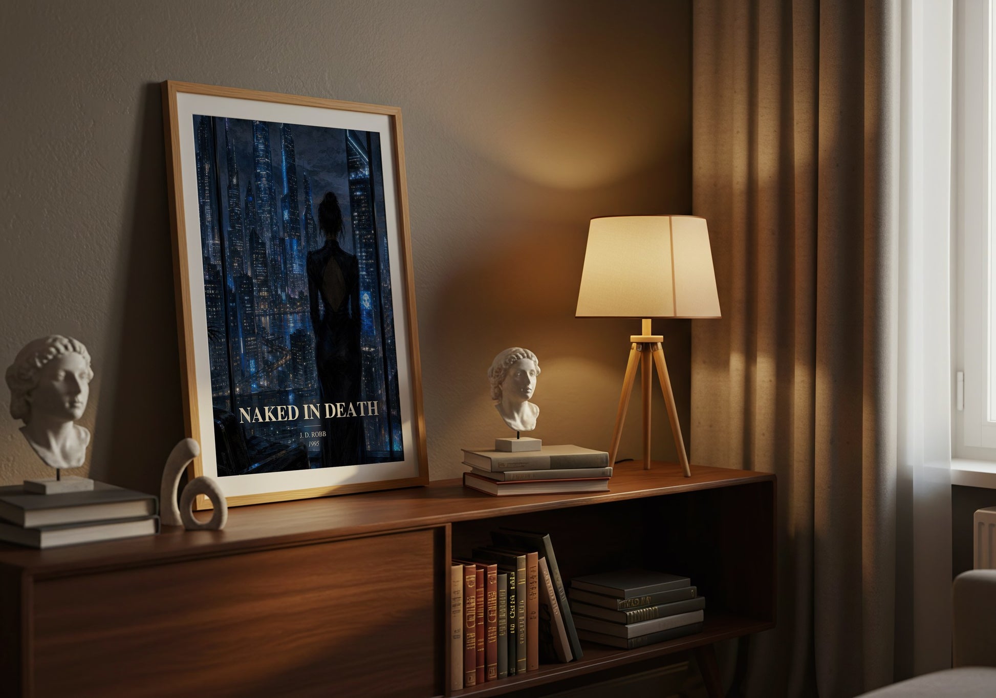 Naked In Death watercolour print on bookshelf – J. D. Robb fan gift