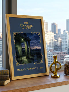 The Concrete Blonde Classic Book Art Print by Michael Connelly – framed print on a city-view windowsill