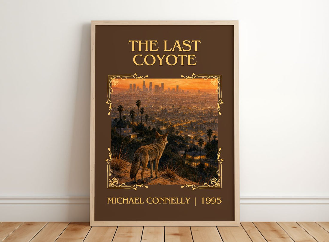 The Last Coyote Classic Book Art Print by Michael Connelly – framed print leaning on a wooden floor