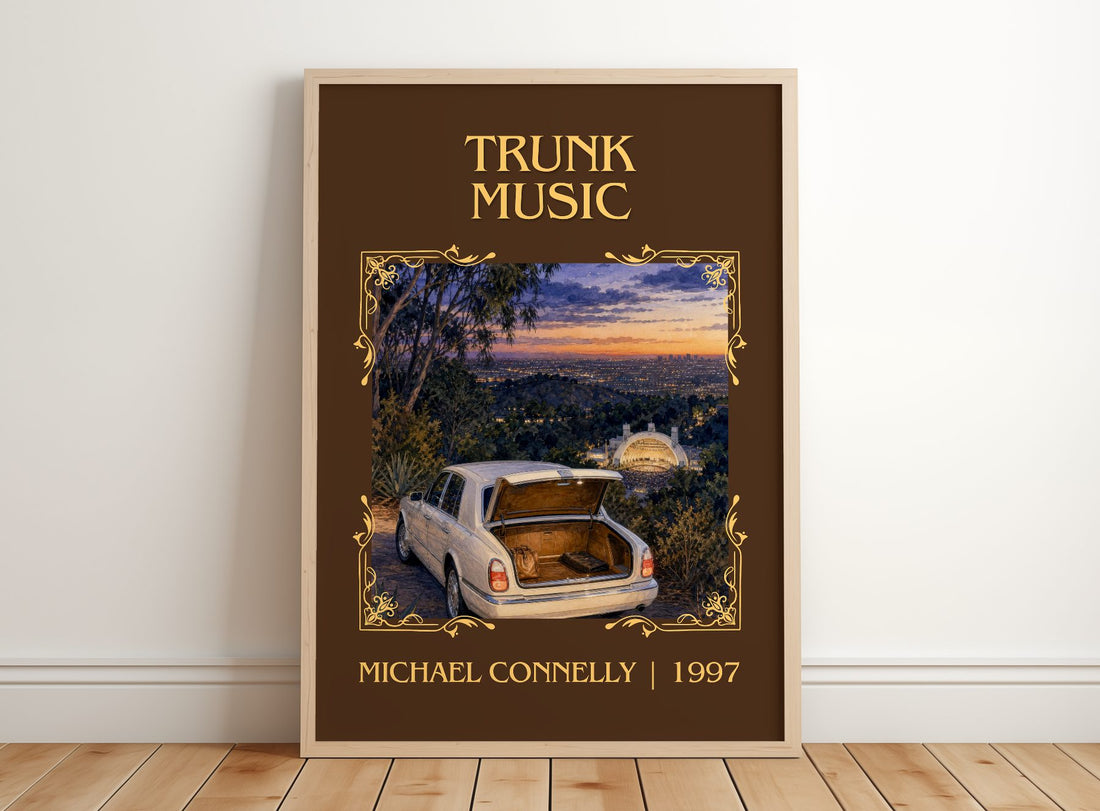 Trunk Music Classic Book Art Print by Michael Connelly – framed print leaning on a wooden floor