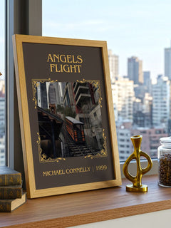 Angels Flight Classic Book Art Print by Michael Connelly – framed print on a city-view windowsill