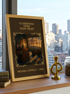 A Darkness More Than Night Classic Book Art Print by Michael Connelly – framed print on a city-view windowsill