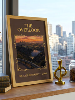 The Overlook Classic Book Art Print by Michael Connelly – framed print on a city-view windowsill