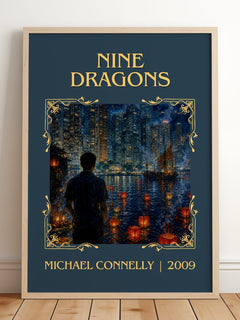 Nine Dragons Classic Book Art Print by Michael Connelly – framed print leaning on a wooden floor