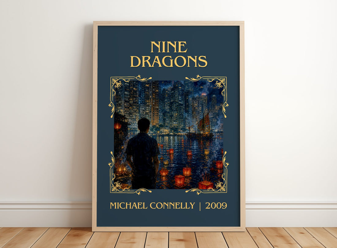 Nine Dragons Classic Book Art Print by Michael Connelly – framed print leaning on a wooden floor