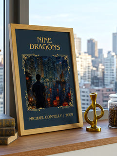Nine Dragons Classic Book Art Print by Michael Connelly – framed print on a city-view windowsill