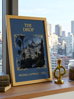 The Drop Classic Book Art Print by Michael Connelly – framed print on a city-view windowsill