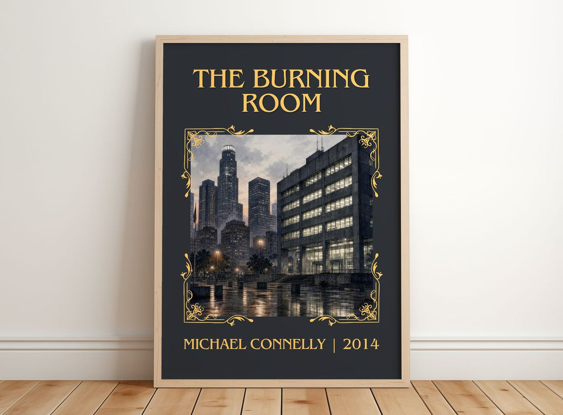 The Burning Room Classic Book Art Print by Michael Connelly – framed print leaning on a wooden floor